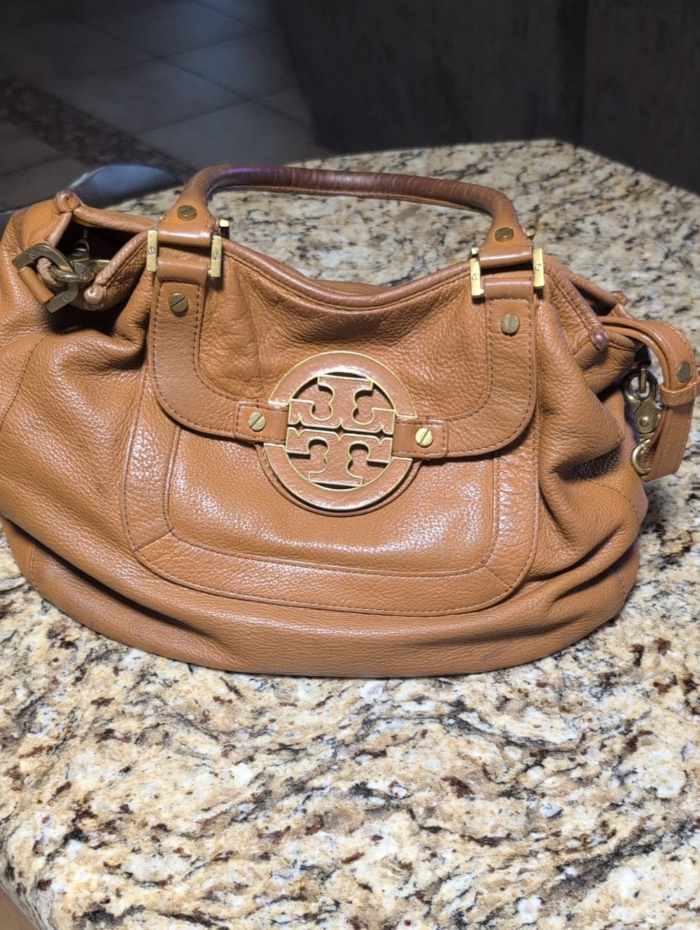 Tory Burch Cognac Pebbled Leather Shoulder Bag with Logo Medallion